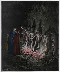 Purgatorio, Canto 25: De wellustigen passeren door vuur in de zevende cirkel, illustratie uit De Goddelijke Komedie van Dante Alighieri, 1885
